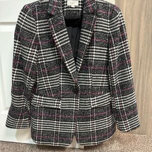 LOFT Black and White Plaid Blazer with Pink Accents